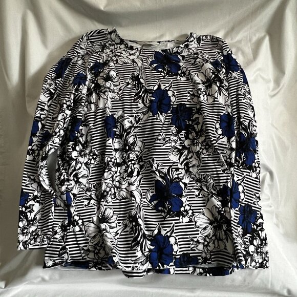 CJ Banks Tops - CJ Banks Womens Floral & Stripe Print Long Sleeve Top X Black/White/Blue
